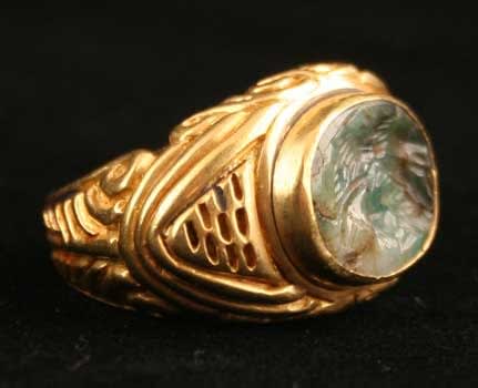 Classical Revival Gold Ring Featuring a Roman Aventurine Seal of Alexander the Great, 100 CE - 300 CE