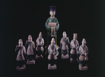 Set of Ming Dynasty Glazed Terracotta Sculptures Featuring a Dignitary and Seven Attendants, 1368 CE - 1644 CE