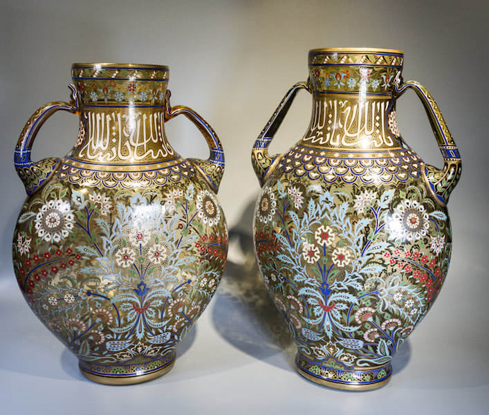 Pair of glass amphora-type vases with floral decoration, 19th Century CE