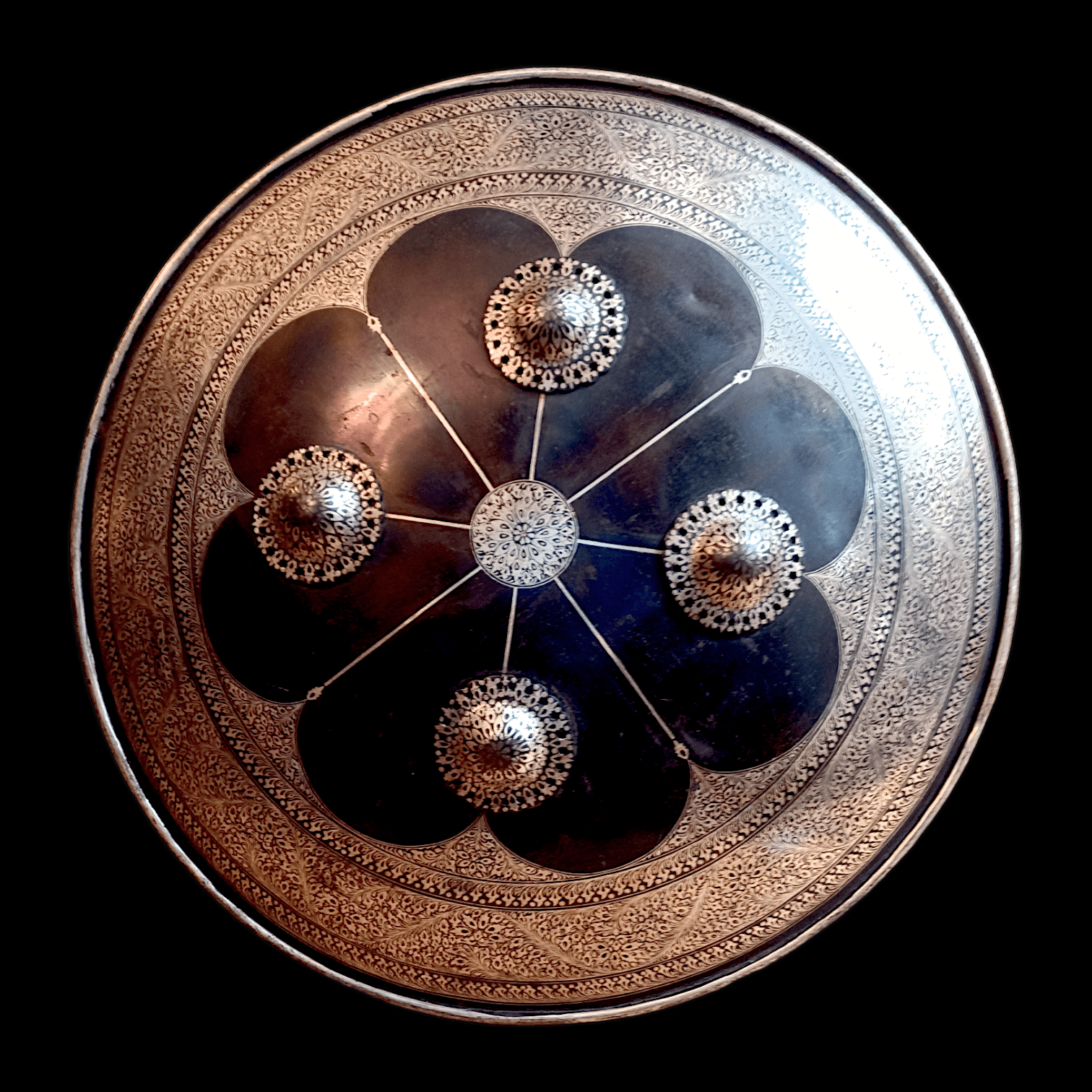 Qajar-Era Indo-Persian Engraved Shield (Dhal), with Four Bosses, Eighteenth to Nineteenth Century AD