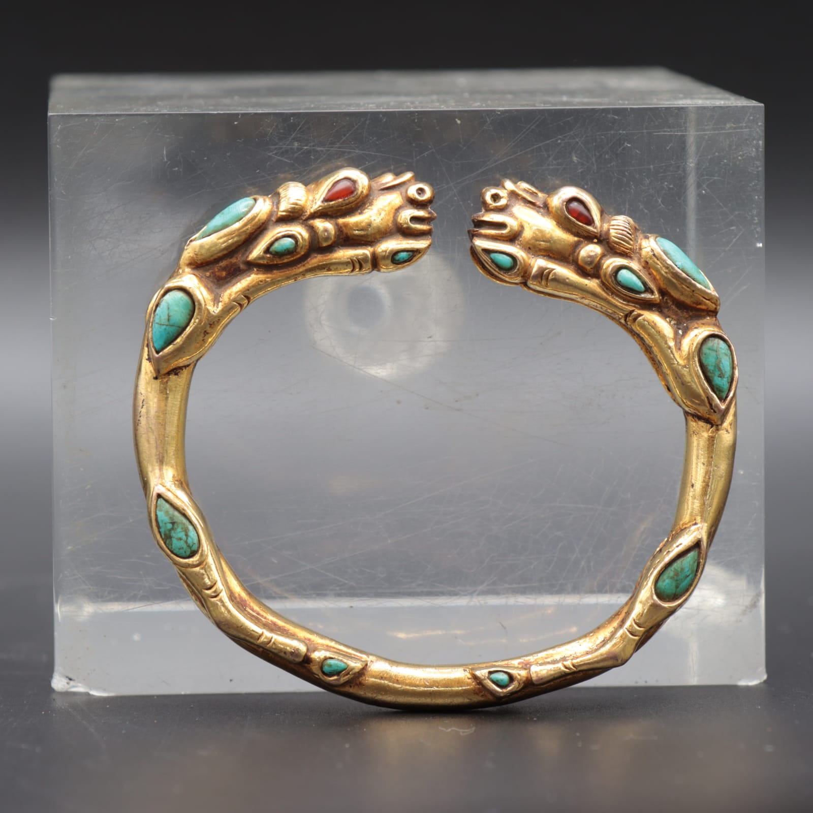Sino Tibetan Gold Makara Kada with Turquoise and Ruby Inlay, 17th - 18th Century