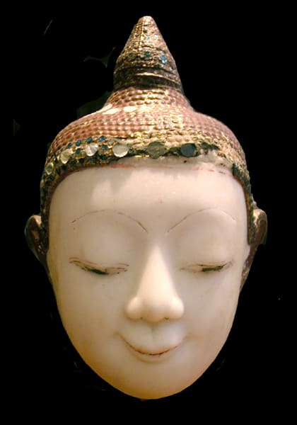 Shan Red Lacquered Marble Head of Buddha with Inlaid Glass, 17th Century CE - 18th Century CE