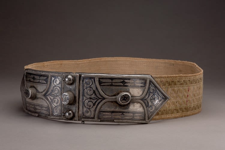 Textile belt with silver niello buckles, 19th Century CE
