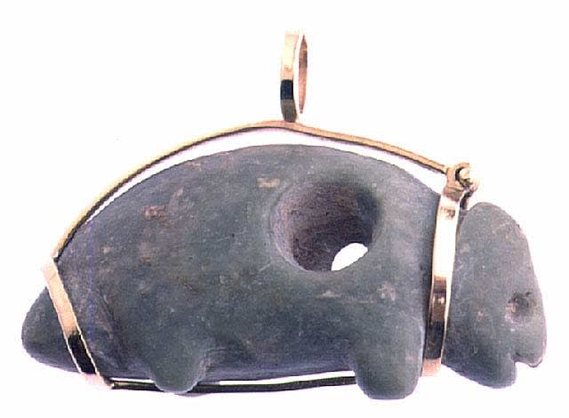 Gold Pendant Featuring a Colima Greenstone Amulet of an Animal, 300 BCE - 300 CE