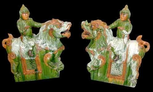 Pair of Ming Glazed Terracotta Architectural Tiles Depicting Dragons and Riders, 1368 CE - 1644 CE