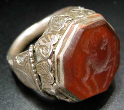 Carnelian Seal of a Deer Set in a Silver Ring