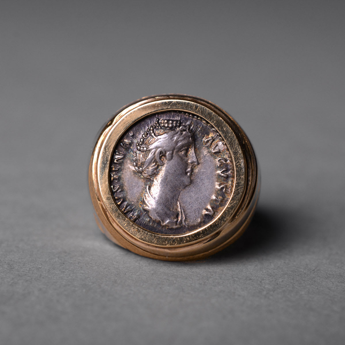 Gold Ring Featuring a Roman Silver Denarius of Empress Faustina, 161 CE - 180 CE