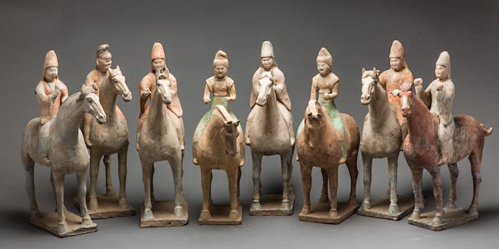 Tang Processional Set of Eight Polychrome Horse and Riders, 618 CE - 906 CE