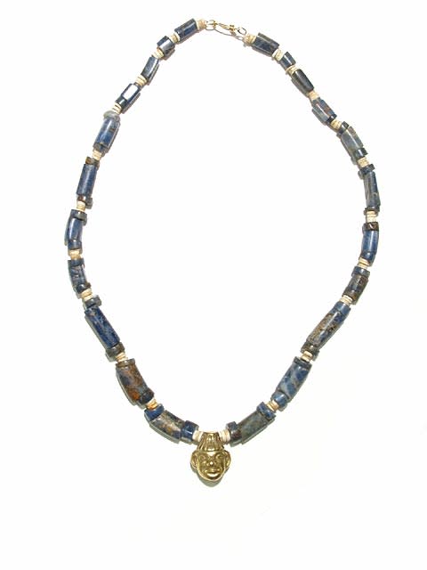 Gold Pendant Strung on Sodolite and Misceallaneous Ancient Beads, 300 CE - 1200 CE