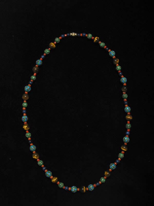 Coral, Tiger's Eye, Sodalite, Silver Bead Necklace