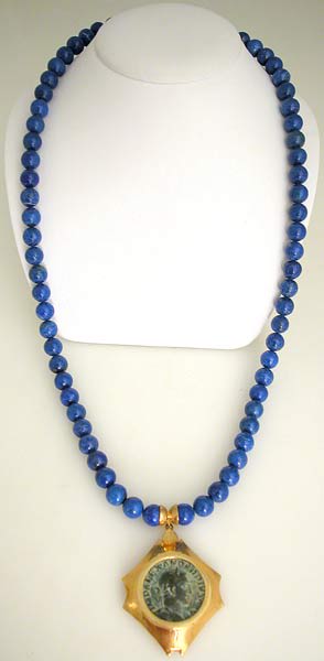 Lapis Lazuli Beaded Necklace Featuring a Roman Bronze Sestertius of Emperor Severus Alexander, 222 CE - 235 CE