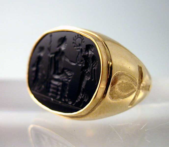 Gold Ring with a Classical Revival Onyx Intaglio Depicting a Mythological Scene, 18th Century CE