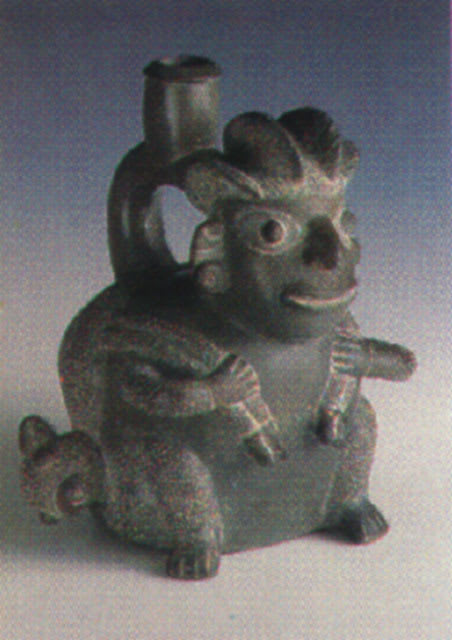 Chavin Blackware Stirrup Vessel in the Form of a Seated Hunter, 500 BCE - 100 CE