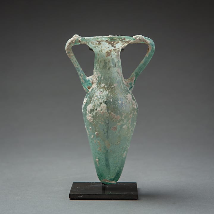 Roman turquoise green glass Amphora shaped vessel, 3rd Century CE - 4th Century CE