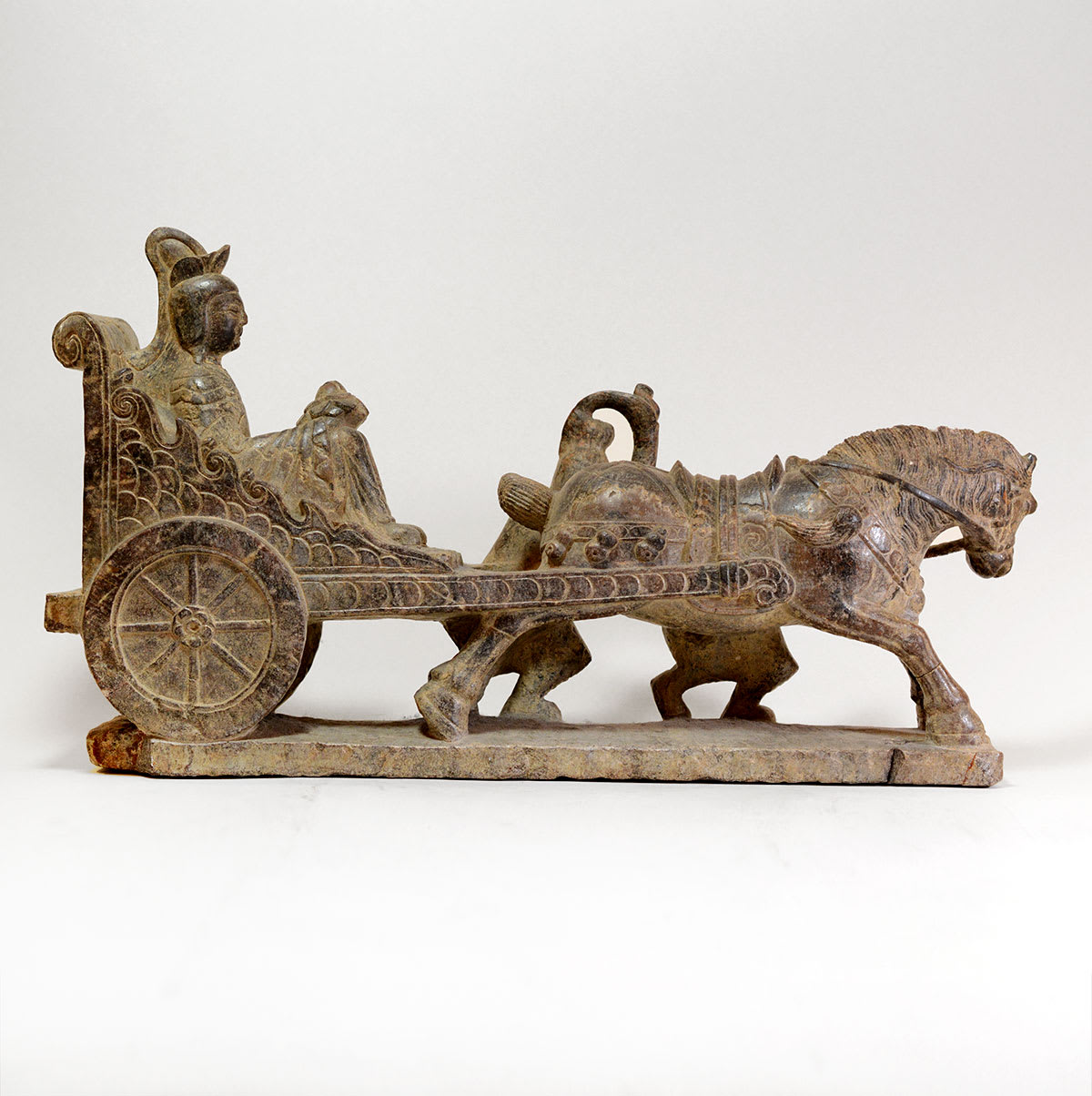 Ming Stone Sculpture of a Chariot Rider, Horse and Attendents, 1368 CE - 1644 CE