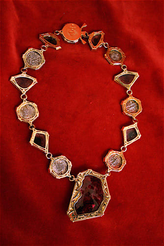 Diamond Studded Gold Necklace with Carved Pink Tourmaline Gemstones and Seven Roman Silver Denarii, 98 CE - 117 CE