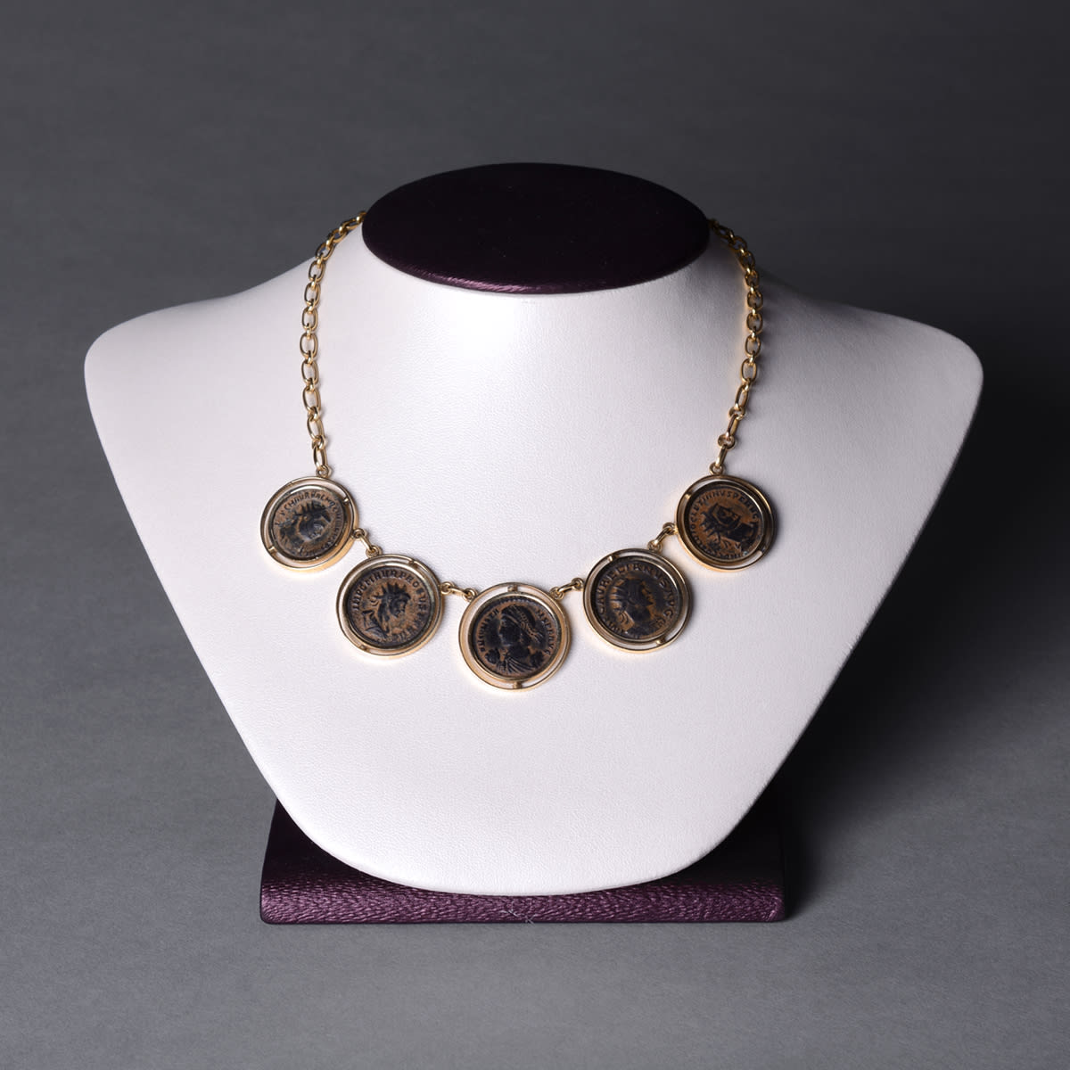 Gold Necklace Featuring Five Roman Bronze Coins, 200 CE - 350 CE