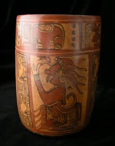 Mayan Painted Terracotta Cylindrical Vessel, 300 CE - 900 CE