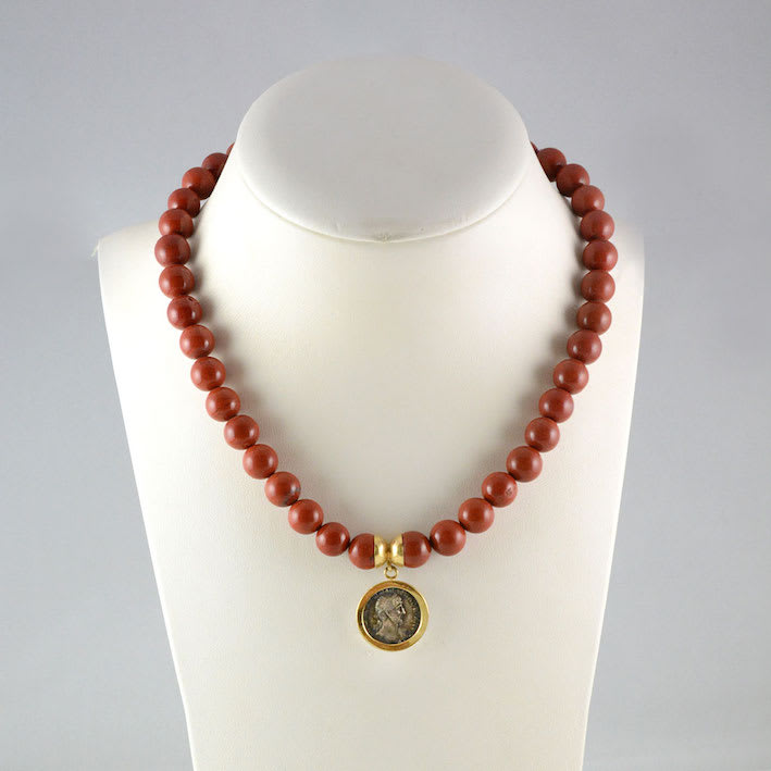 Red Jasper Bead Necklace Featuring a Silver Denarius of Roman Emperor Hadrian, 117 CE - 138 CE