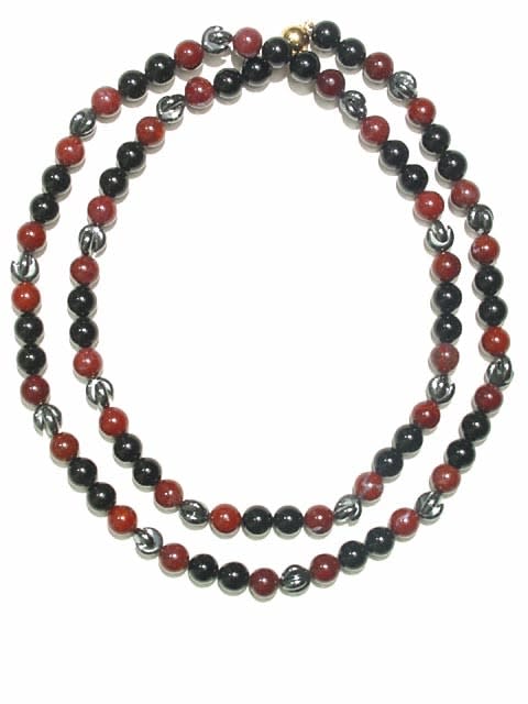 Jasper Bead, Hematite Bead, and Black Onyx Bead Necklace with a 14 Karat Gold Clasp