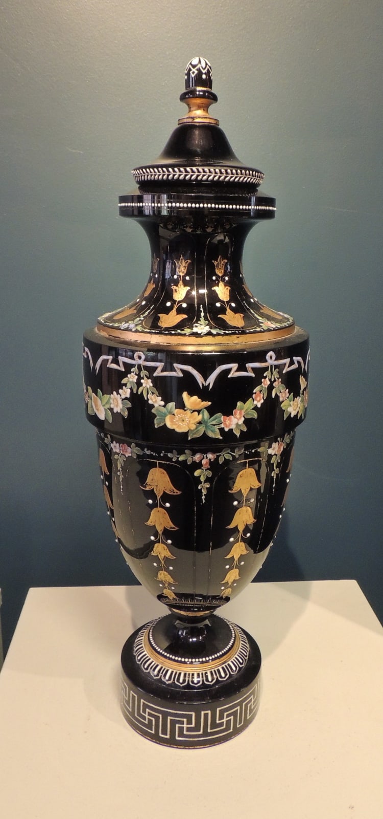 Glass lidded urn of classical inspiration, 19th Century CE