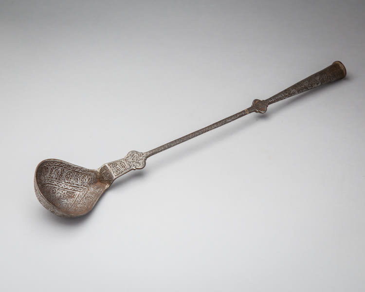 Islamic ladle with elongated handle and the engraved figure of a harpy, 1700 CE - 1800 CE