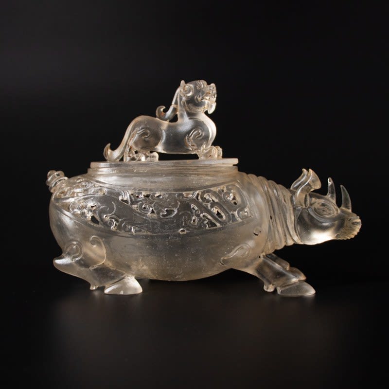 Qing dynasty cup in the shape of a rhino and mythological creature ?, 1644-1912 CE