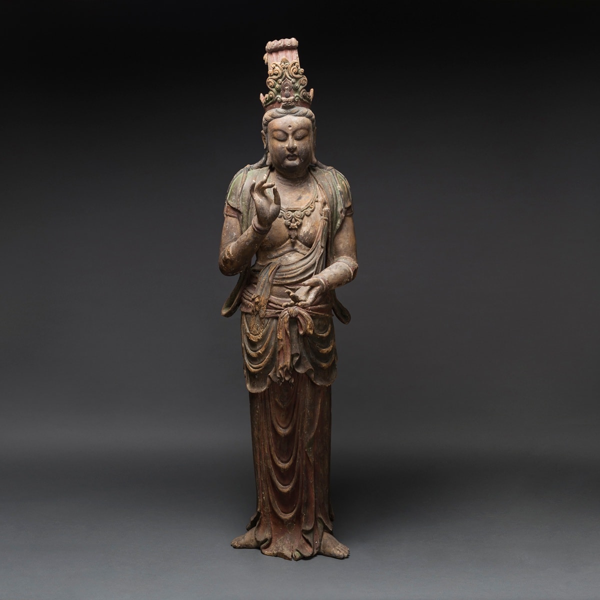 Late Ming/Early Qing Pair of Lacquered Wooden Sculptures of Bodhisattvas, 1500 CE - 1800 CE
