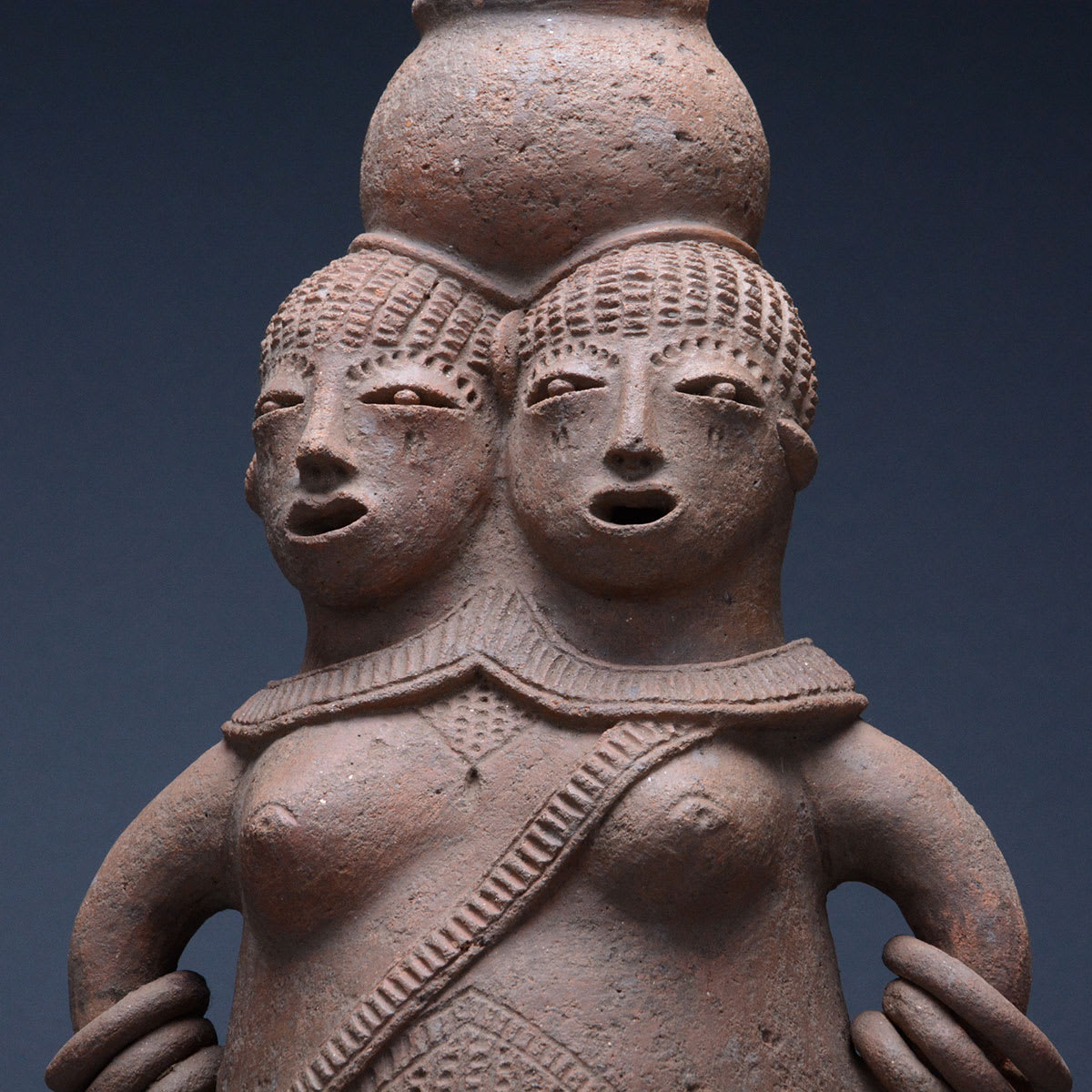 Mangbetu Terracotta Vessel in the Shape of Conjoined Twins, 19th Century CE - 20th Century CE
