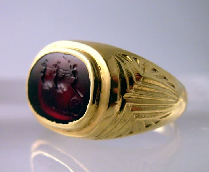 Gold Ring with a Roman Carnelian Intaglio Depicting a Biga Drawn by Birds, 100 CE - 300 CE