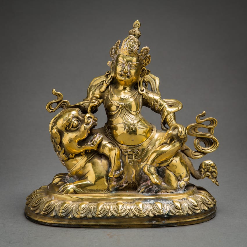 Nepalese brass statuette of Kubera on dragon, 1800 CE - 1900 CE