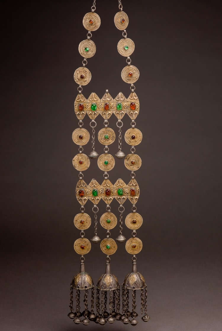 Turkoman long pendant on chain, composed of circular elements and bells