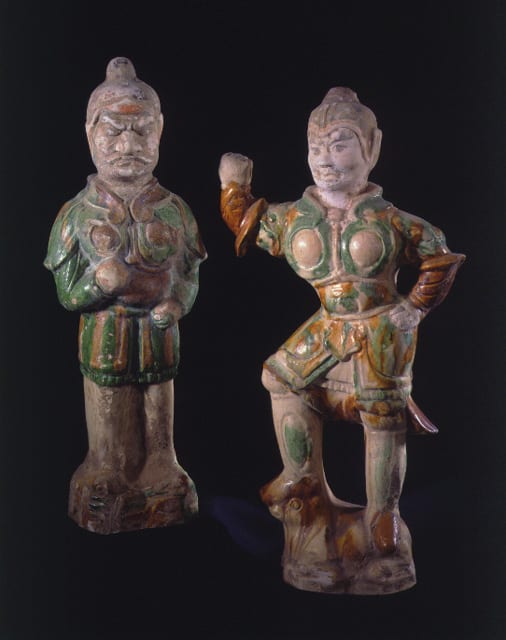 Pair of a Tang Sancai-Glazed Lokapala and Attendant, 618 CE - 907 CE