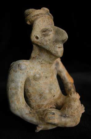 Jalisco Sculpture of a Seated Man Holding a Scepter and an Offering Bowl, 300 BCE - 300 CE