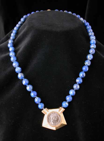 Lapis Bead Necklace with Roman Silver Denarius of Emperor Domitian, 81 CE - 96 CE