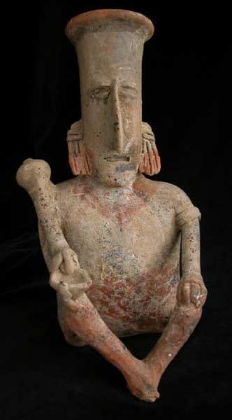 San Juanito Style Jalisco Terracotta Seated Man Holding a Baton and Bowl, 300 BCE - 300 CE