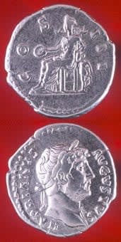 Silver Denarius of Emperor Hadrian, 117 CE - 138 CE