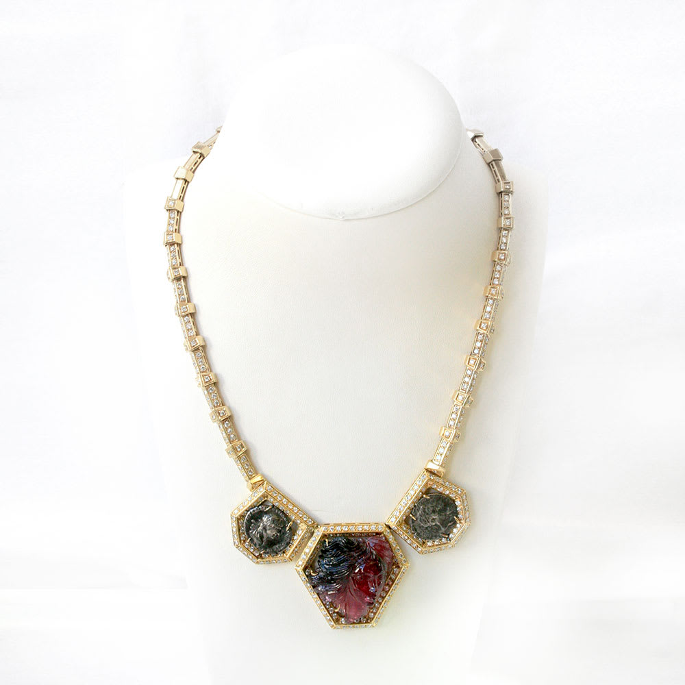 Diamond Studded Gold Necklace Featuring a Pink Tourmaline Pendant and Two Roman Silver Denarii, 98 CE - 138 CE
