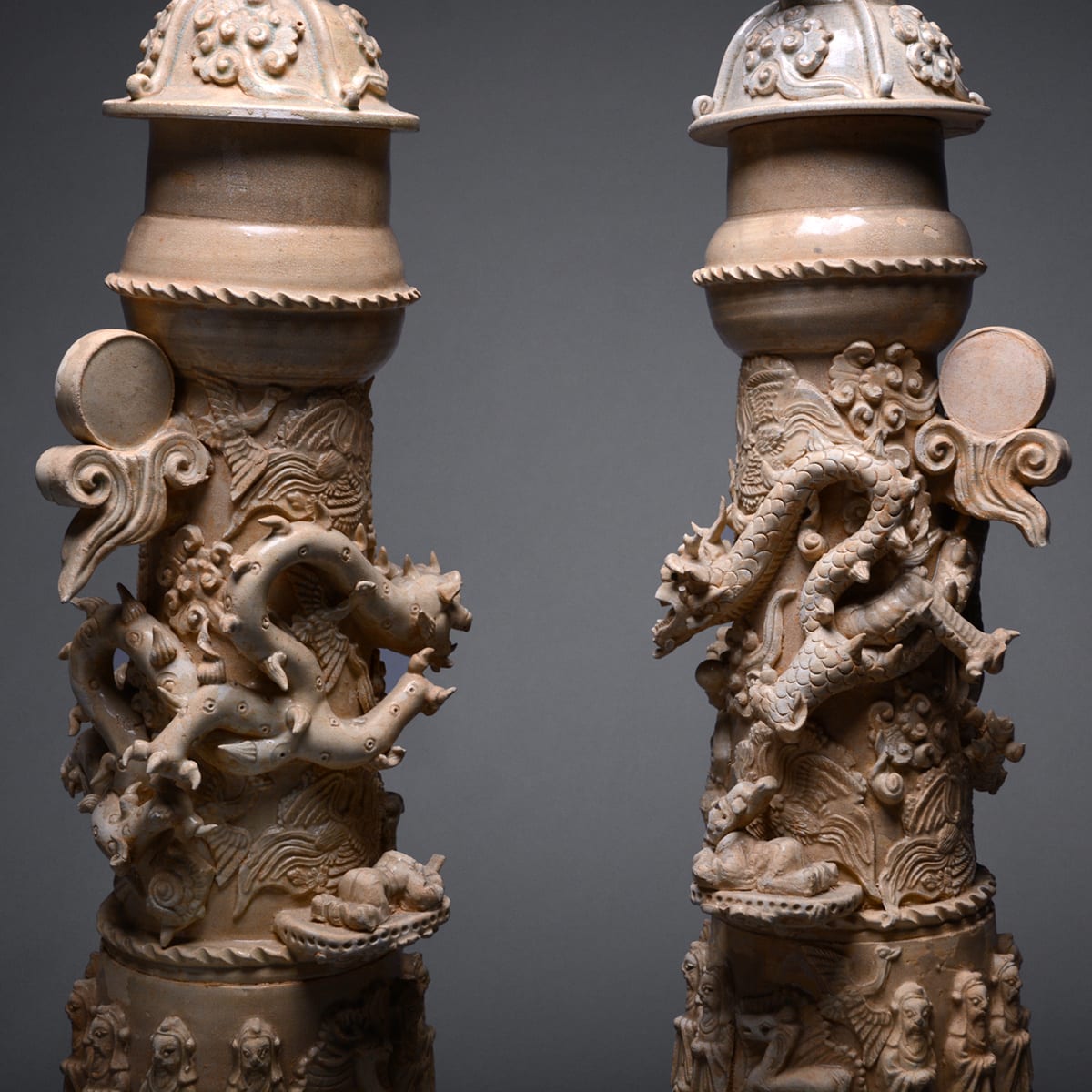 Pair of Late Southern Song Lidded Funerary Urns (Ping) with Cranes and Dragons, 1200 CE - 1279 CE