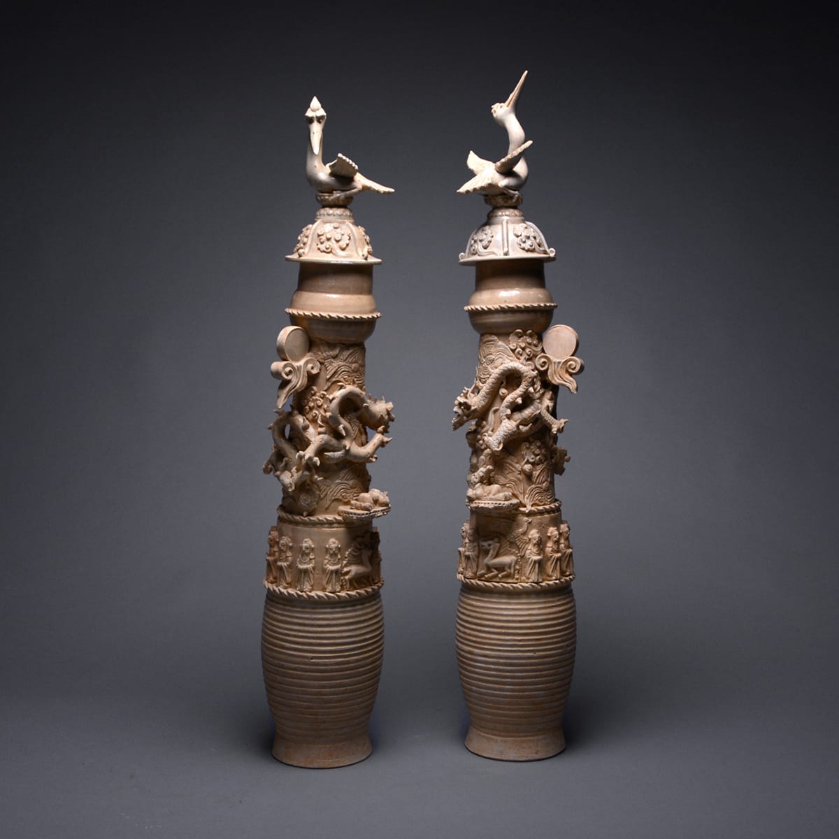 Pair of Late Southern Song Lidded Funerary Urns (Ping) with Cranes and Dragons, 1200 CE - 1279 CE