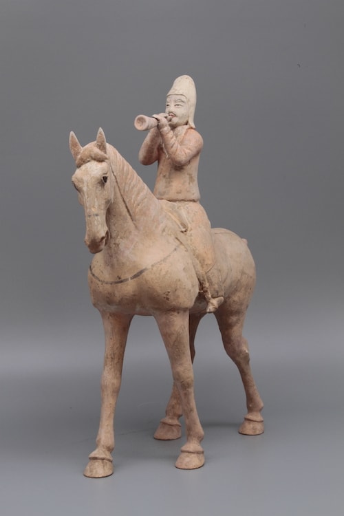 Tang Dynasty Terracotta Horse with Riding Trumpeter, 618 CE - 907 CE