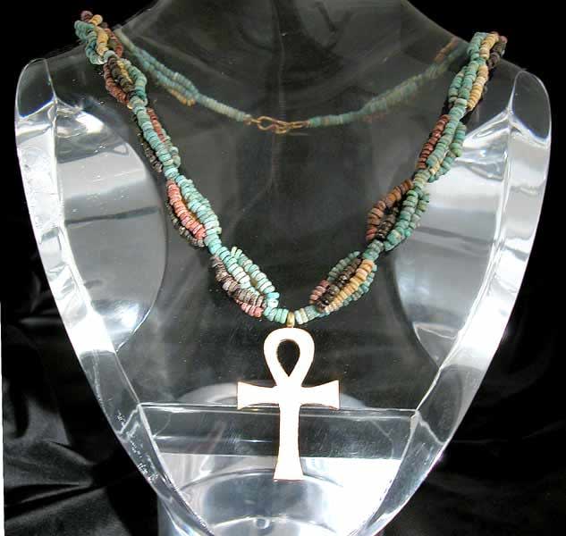 Five Strand Egyptian Faience Bead Necklace with a gold Ankh, 1900 BCE - 1100 BCE