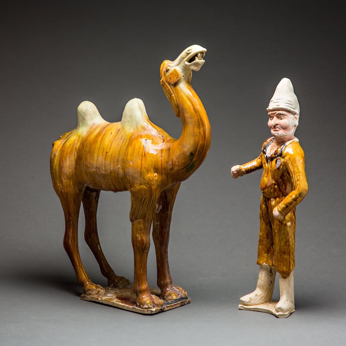 Tang Glazed Terracotta Camel and Foreign Groom, 618 CE - 906 CE