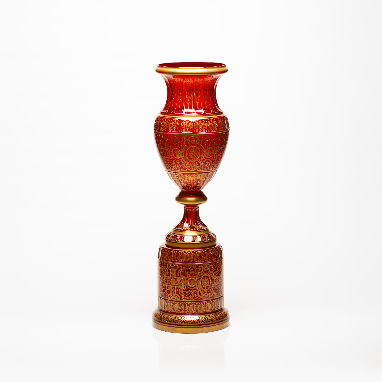 Bohemian Cranberry Glass Lidded Vases with Gold Decoration, 19th Century