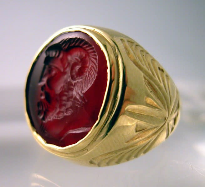 Gold Ring with a Roman Carnelian Intaglio Depicting the Bust of Jupiter-Hammon, 100 CE - 300 CE