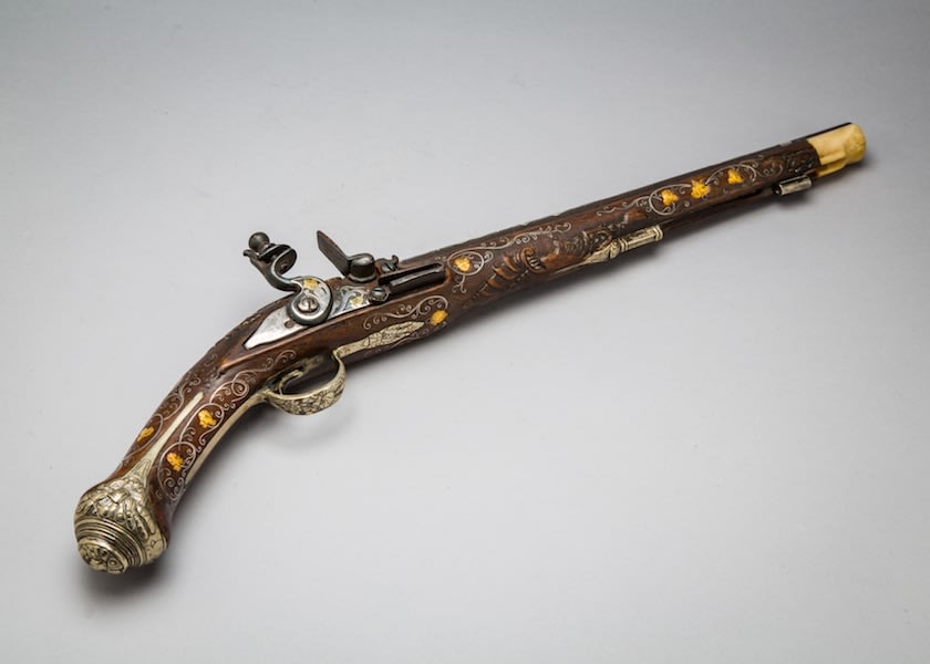 Ottoman period flintlock pistol with silver wire curlicues, 19th Century CE