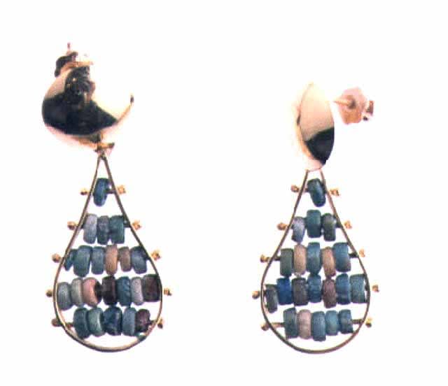 Egyptian Faience Beads Set in 18K Earrings, 1600 BCE - 1100 BCE