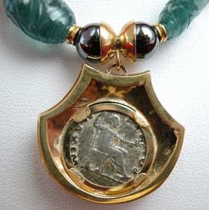Tourmaline and Hematita Bead Necklace Featuring a Roman Silver Denarius of Emperor Vespasian, 69 CE - 79 CE
