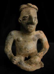 Jalisco Sculpture of a Seated Man Holding a Scepter and an Offering Bowl, 300 BCE - 300 CE