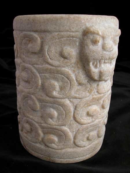 Mayan Carved Cylindrical Marble Vessel, 500 CE - 900 CE